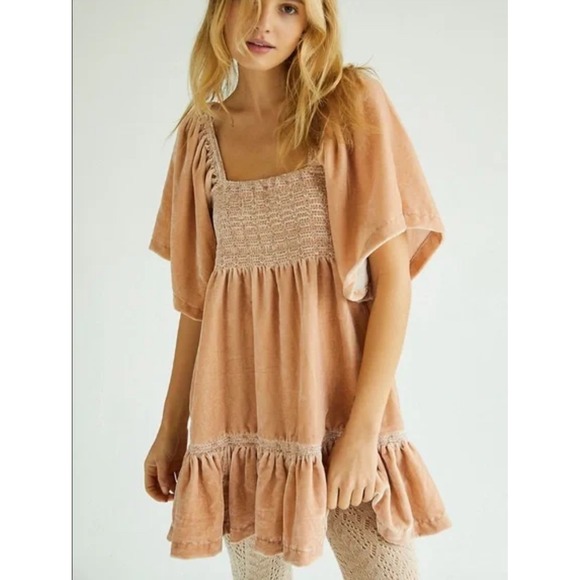 Free People Easy to Love Mini Dress Velvet Smocked Ruffle Babydoll Bohemian - Picture 4 of 9